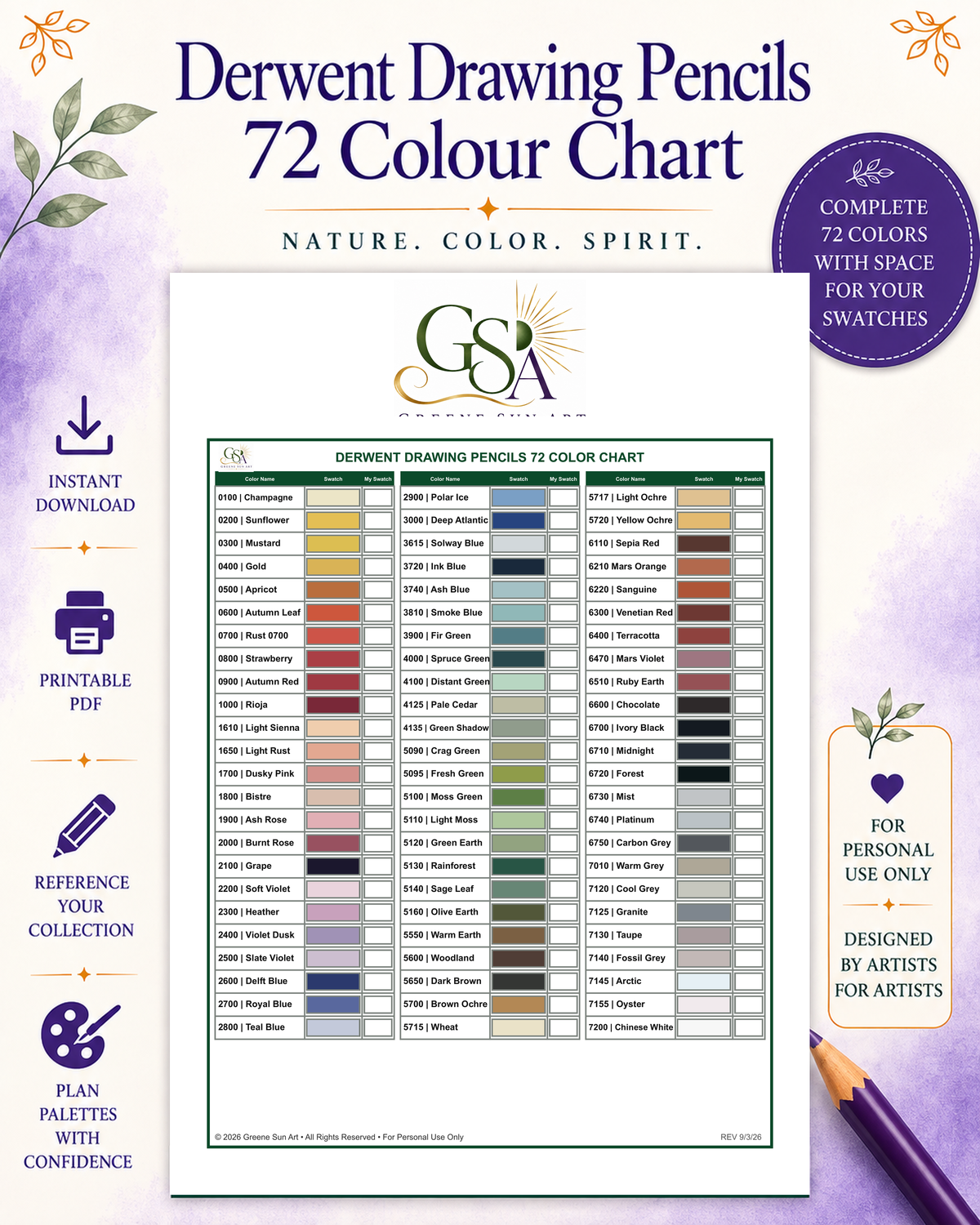 Derwent Drawing Pencils 72 Color Chart | Printable Swatch Chart