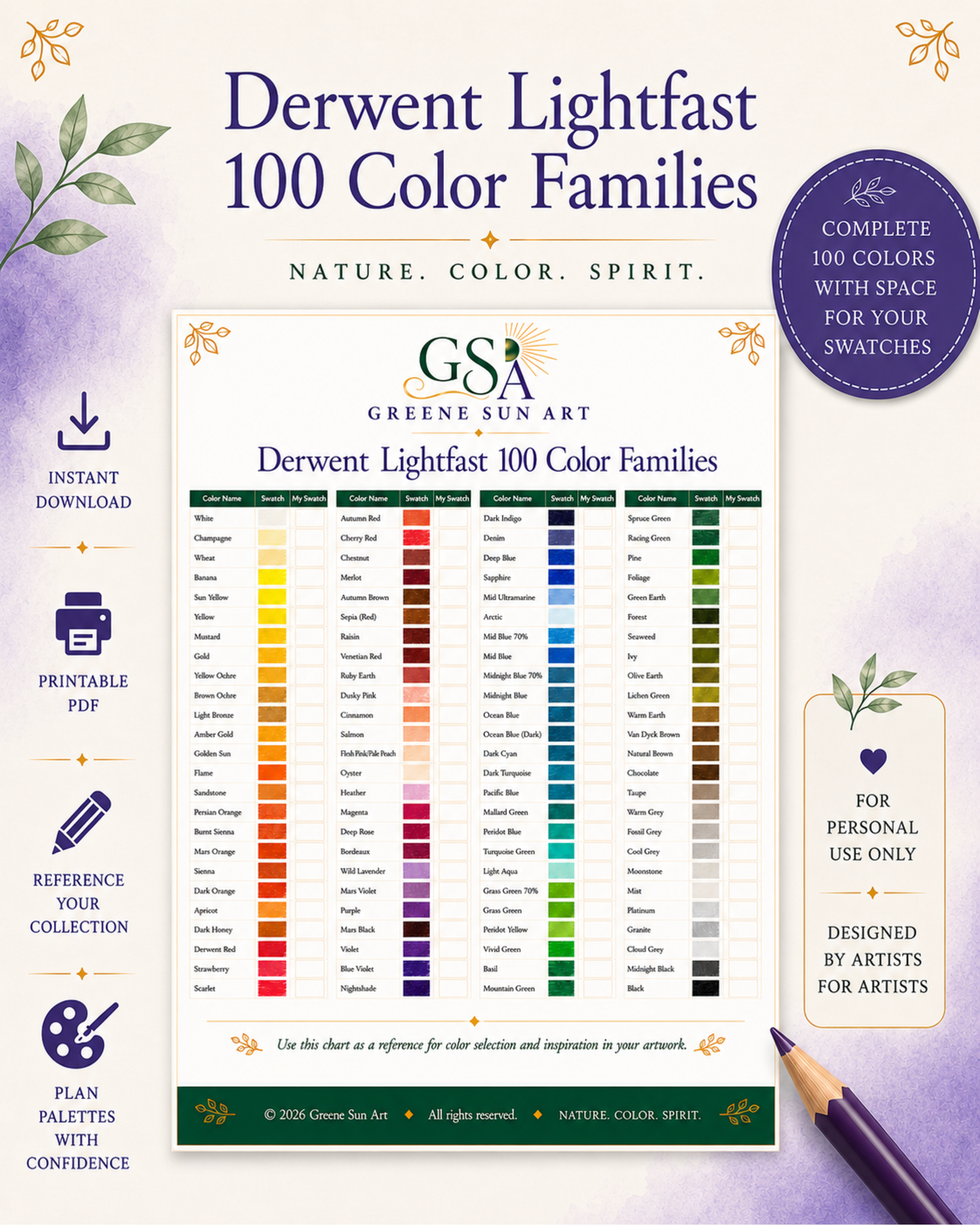 Derwent Lightfast 100 Color Chart | Printable Colored Pencil Reference PDF