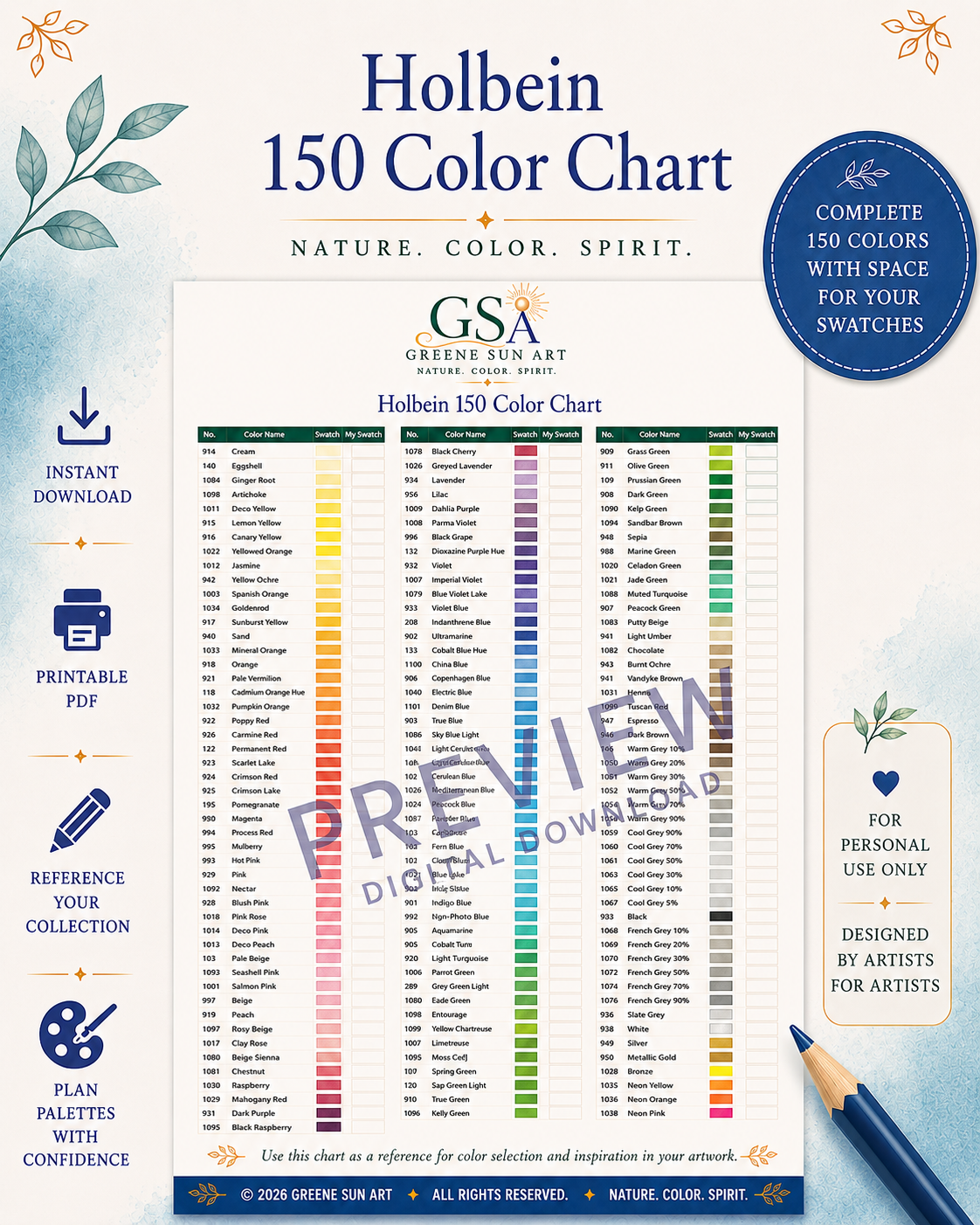 Holbein 150 Color Chart | Printable Colored Pencil Reference PDF