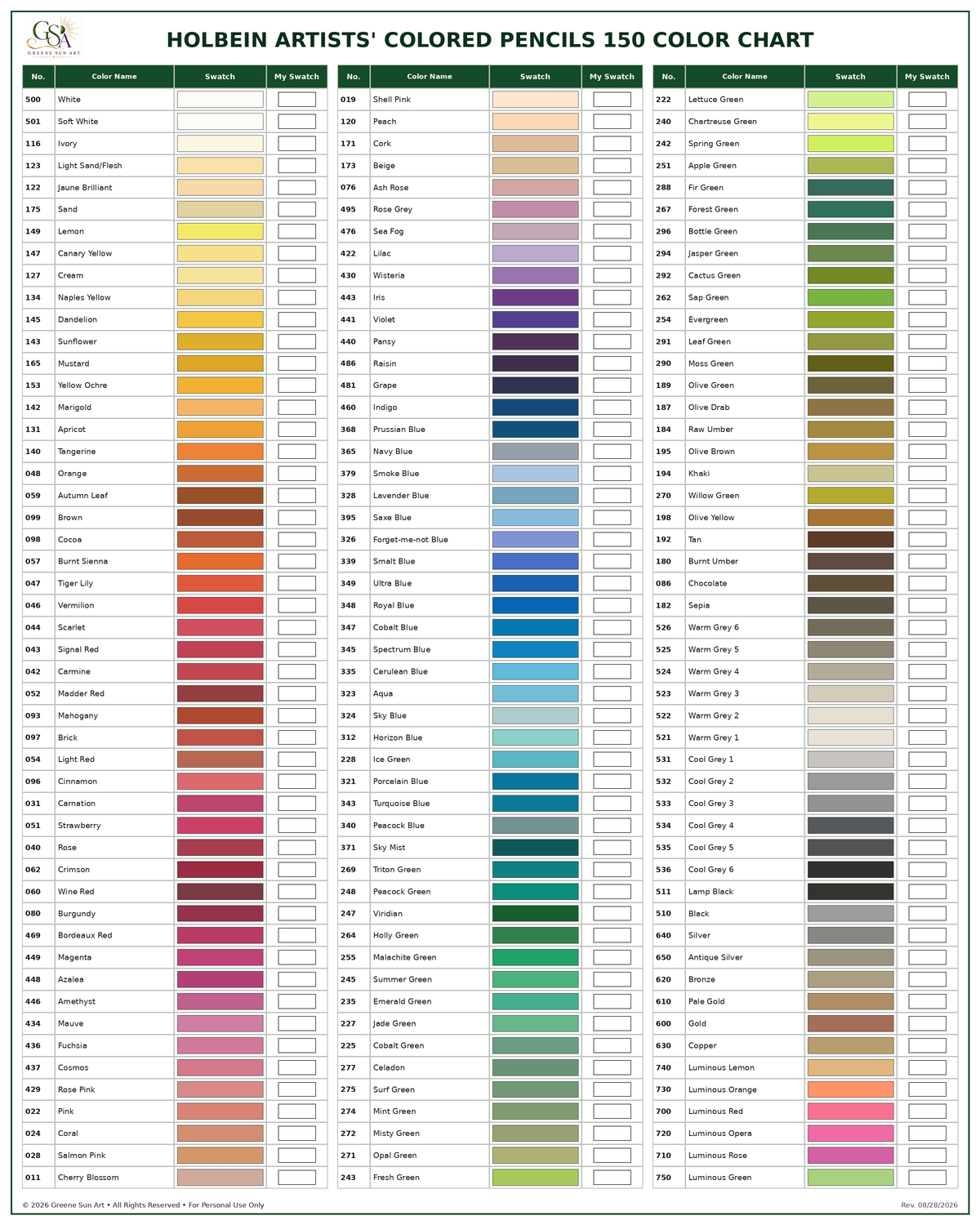 Holbein Colored Pencil Chart | 150 Color Reference | Printable PDF