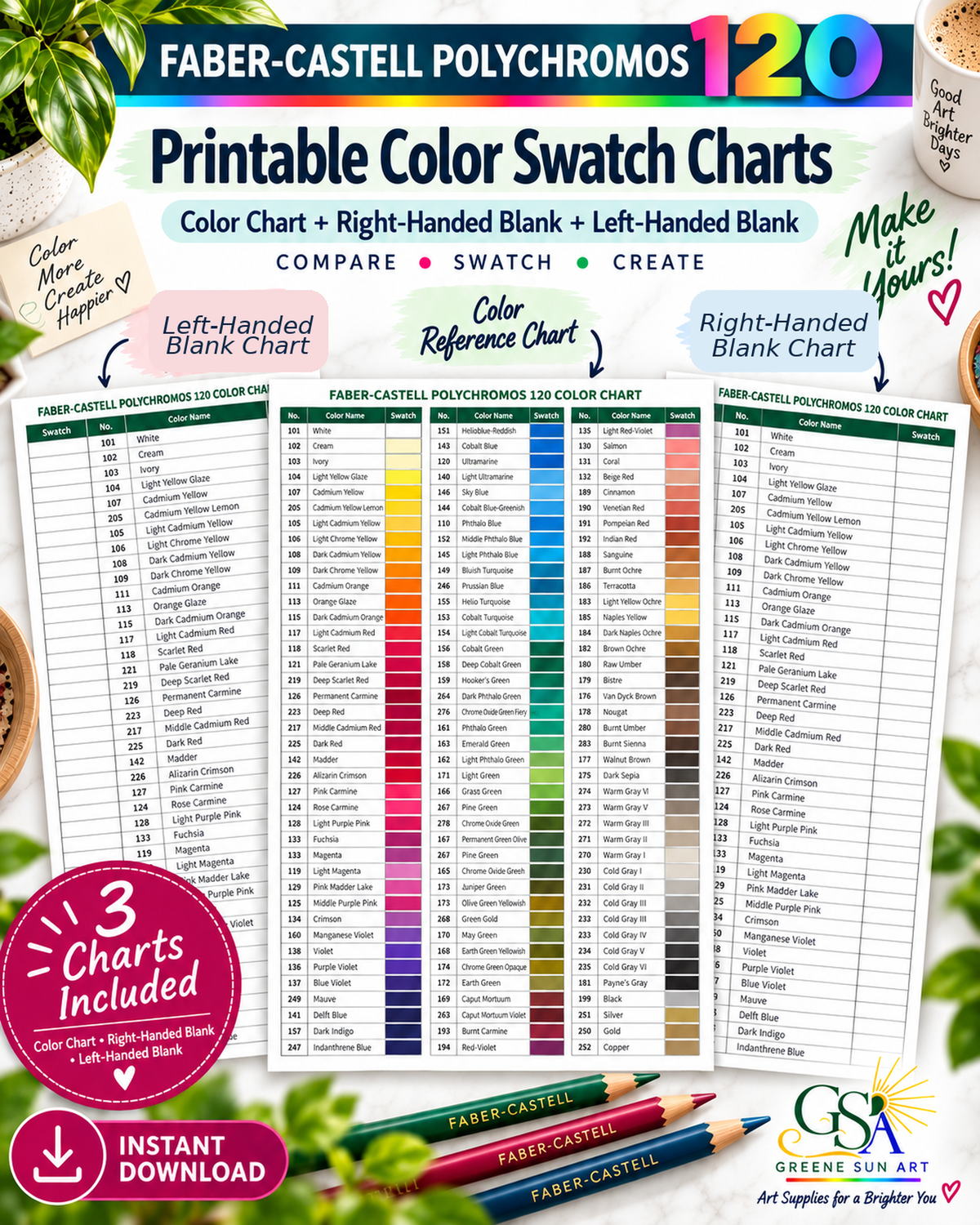 Faber-Castell Polychromos 120 Color Chart + Left & Right-Handed Blank Swatch Charts