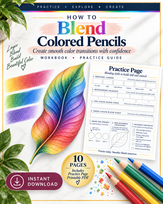 How to Blend Colored Pencils printable 10-page PDF guide by Greene Sun Art, featuring a colorful blended feather, colored pencils, and practice worksheet preview.