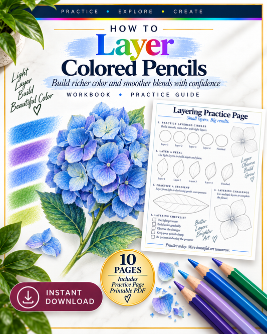 Colored Pencil Layering & Blending Tutorial PDF | 10-Page Practice Workbook for Beginners