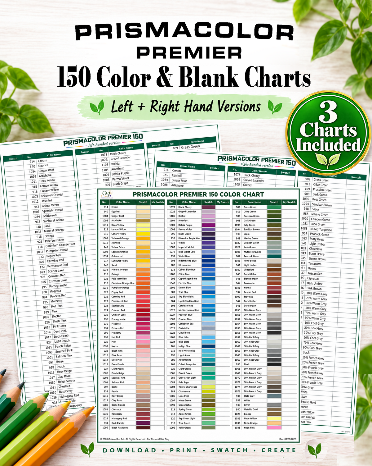 Prismacolor Swatch Charts | 150-Color Reference + Left + Right Handed Blanks | 3 Printable PDFs