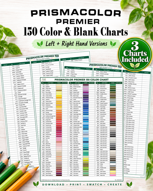 Prismacolor Swatch Charts | 150-Color Reference + Left + Right Handed Blanks | 3 Printable PDFs