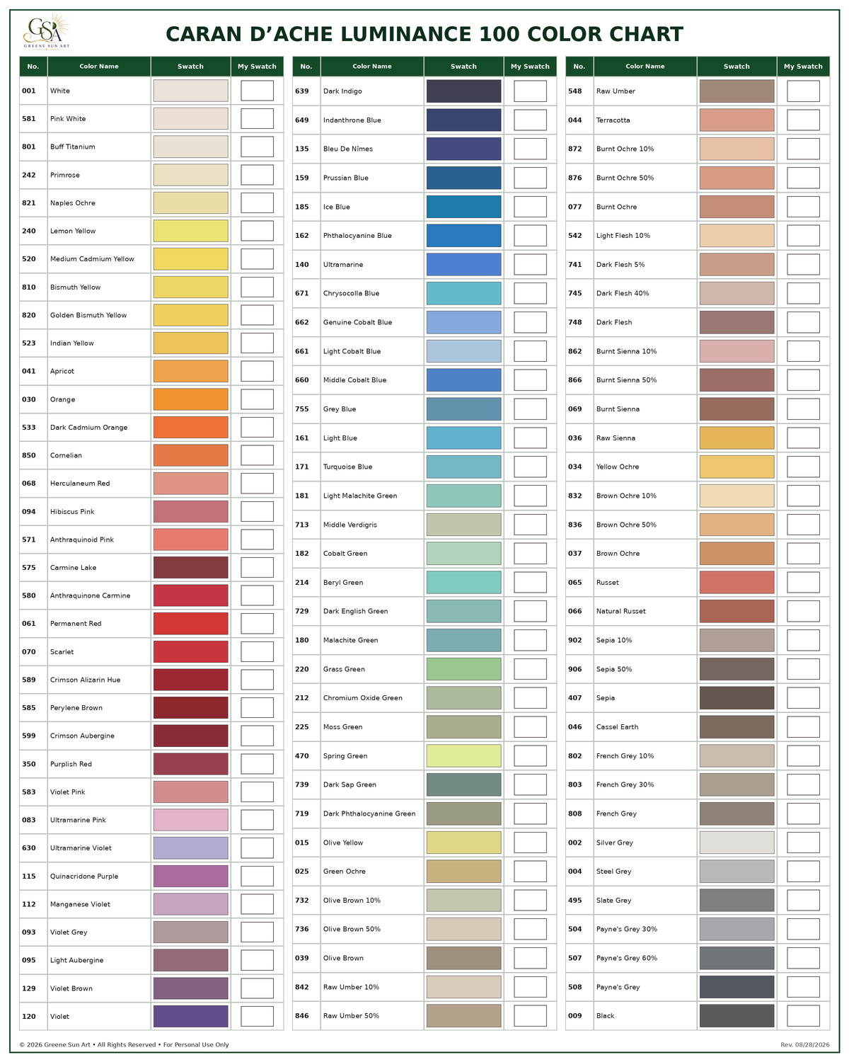 Luminance 100 Color & Left and Right Handed Blank Swatch Charts (Digital Download)