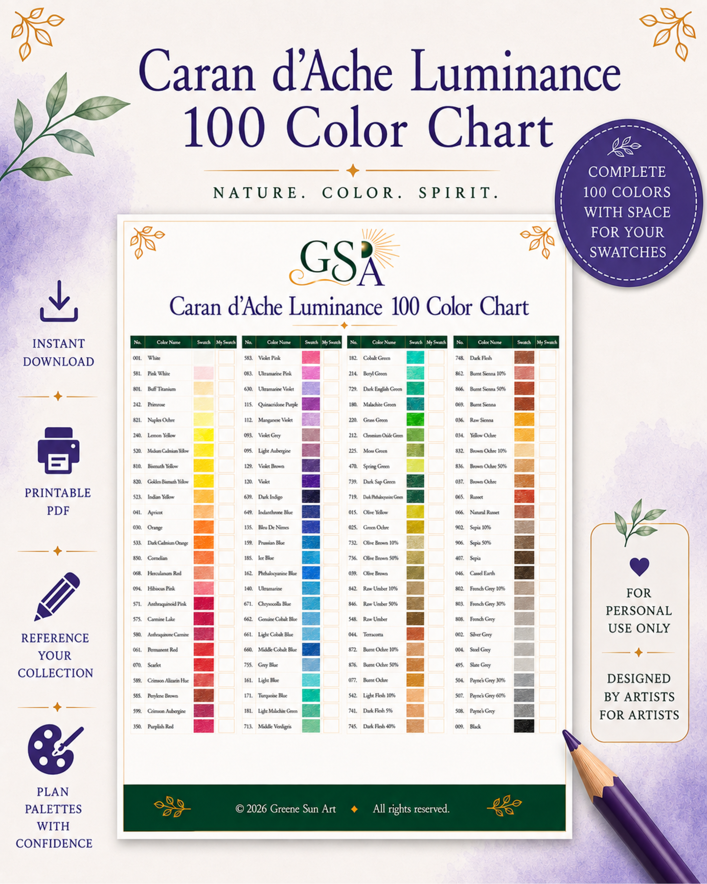 Caran d’Ache Luminance 100 Color Chart | Printable Colored Pencil Reference PDF