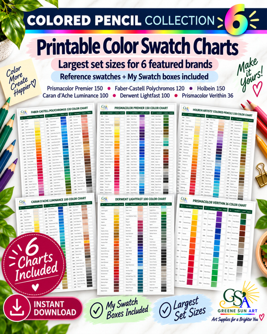 Colored Pencil Swatch Chart Collection | 6 Brands | Prismacolor, Polychromos, Holbein, Derwent Lightfast, Luminance & Verithin
