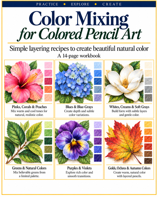 Color Mixing for Colored Pencil Art printable PDF workbook cover featuring colorful botanical flowers and colored pencil mixing examples.