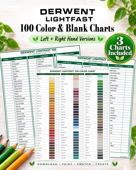 Derwent Lightfast 100 Color Swatch Charts | Full Color + Left & Right Handed Blank Swatches (PDF)