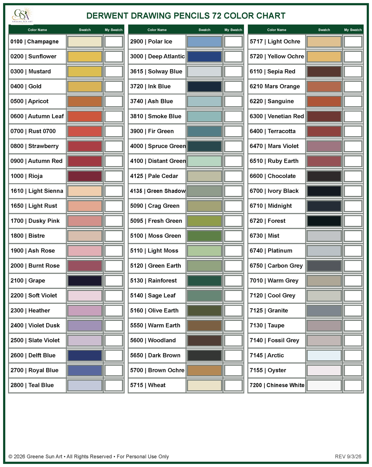 Derwent Drawing Pencils 72-Color Chart | Printable Swatch Reference (PDF Download)