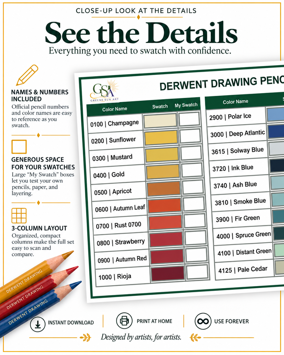 Derwent Drawing Pencils 72-Color Chart | Printable Swatch Reference (PDF Download)