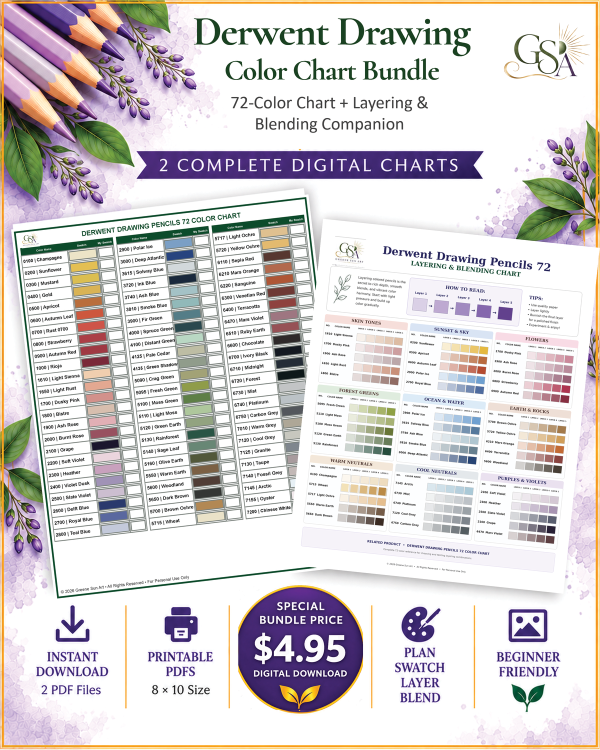 Derwent Drawing 72 Color Chart + Layering & Blending Chart Set