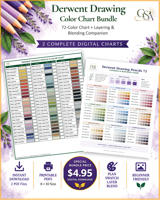 Derwent Drawing 72 color chart and layering and blending bundle cover showing two printable colored pencil reference charts.