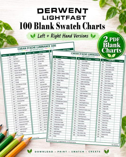 Derwent Lightfast 100 blank colored pencil swatch charts, printable PDF with left-handed and right-handed layouts.