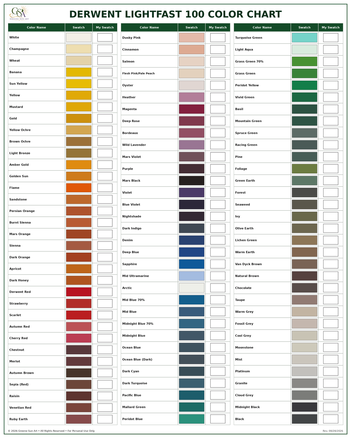 Derwent Lightfast 100 Color Swatch Charts | Full Color + Left & Right Handed Blank Swatches (PDF)