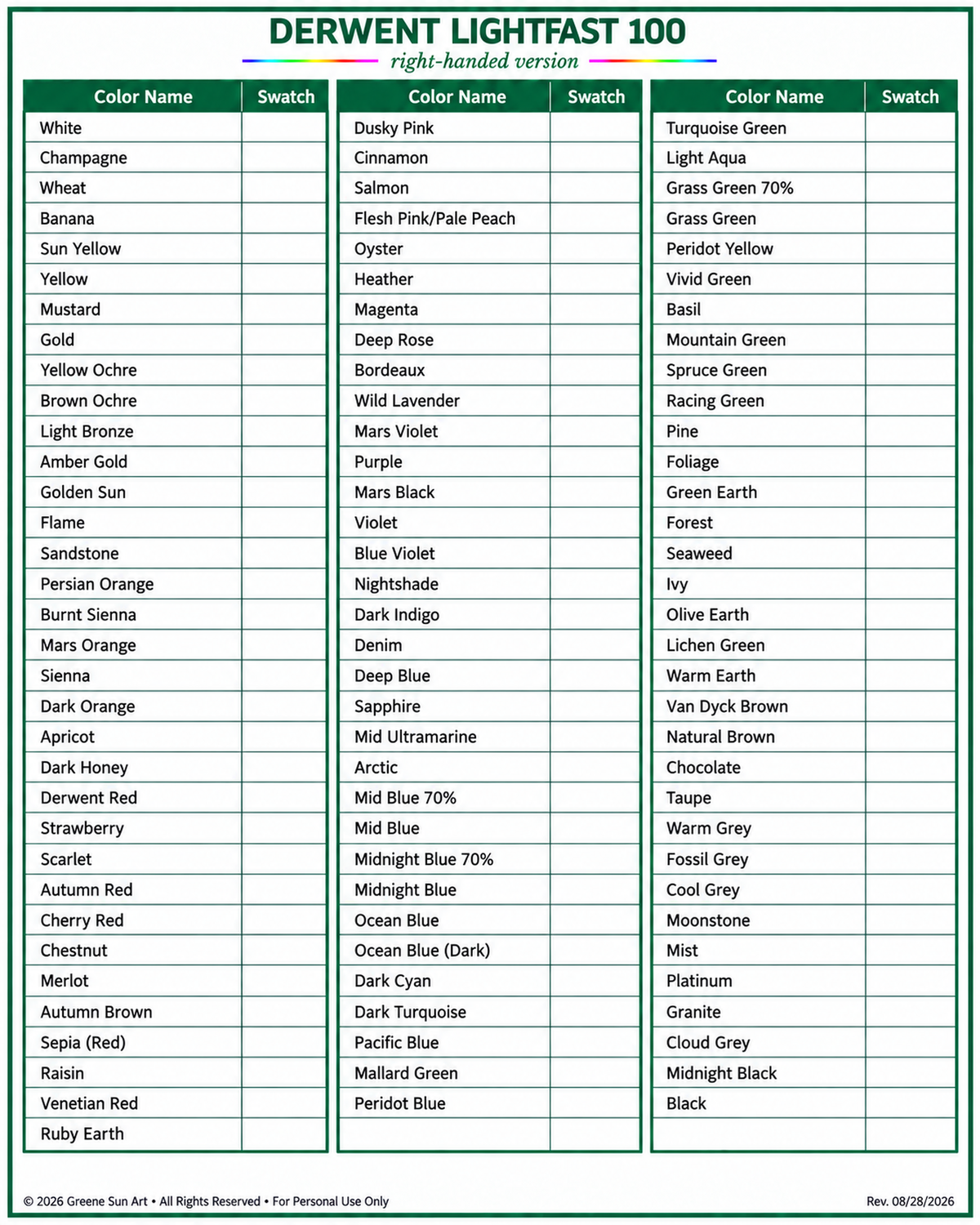 Derwent Lightfast 100 right-handed blank colored pencil swatch chart with 100 pencil names, numbers, and printable swatch boxes.