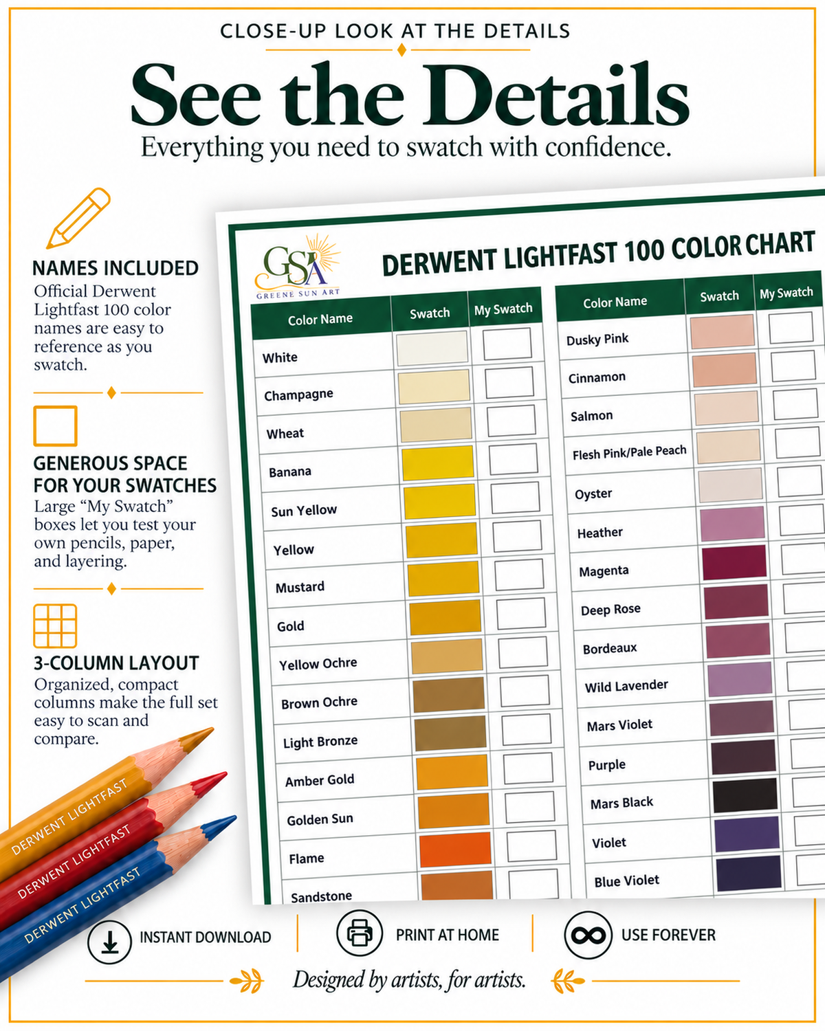 Derwent Lightfast 100 Color Swatch Charts | Full Color + Left & Right Handed Blank Swatches (PDF)
