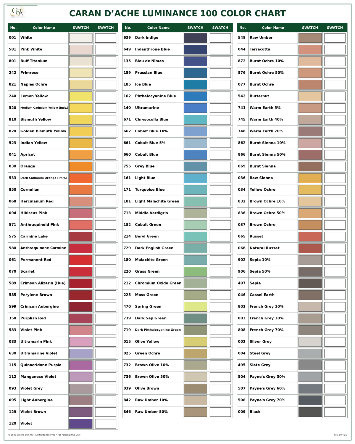 Caran d'Ache Luminance 100 Color Chart + Layering & Blending Chart Set