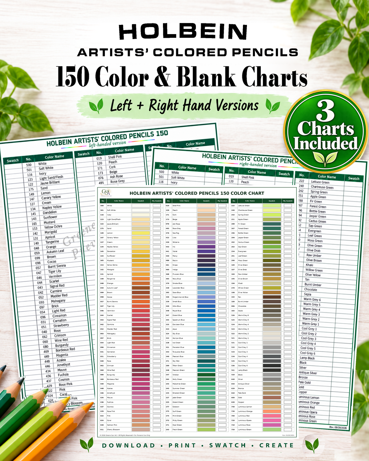 Holbein Artists' Colored Pencils 150 Swatch Charts (Full Color + Left/Right Hand) (Digital Download)