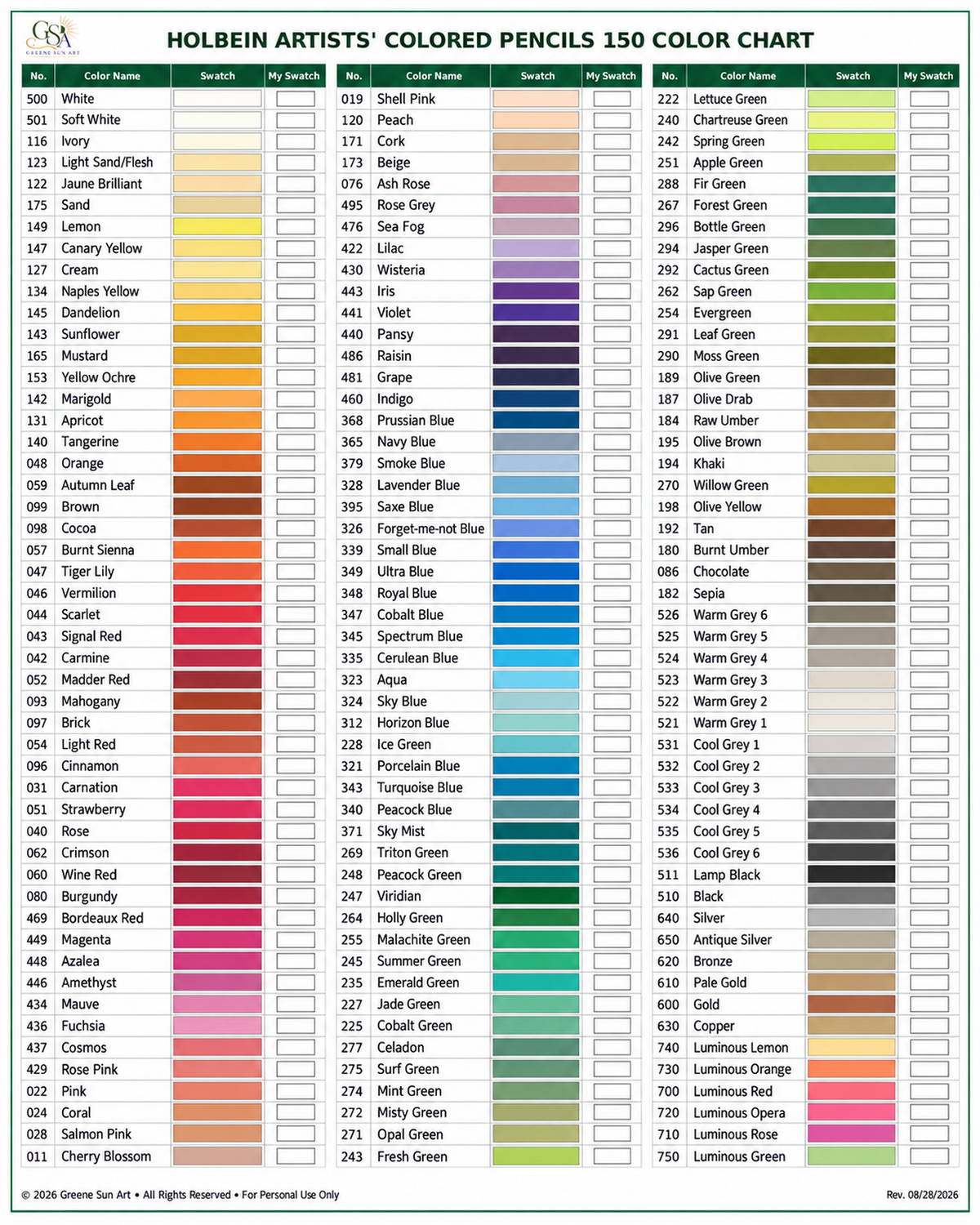 Holbein Artists 150 Color Chart + Layering & Blending Chart Set