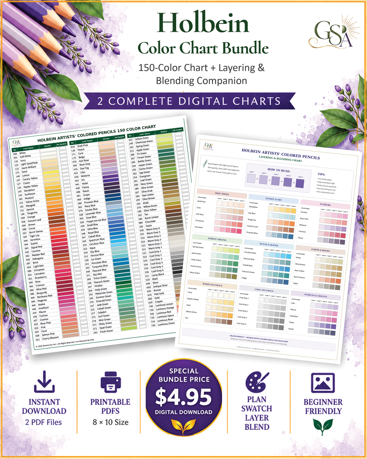 Holbein Artists 150 Color Chart + Layering & Blending Chart Set
