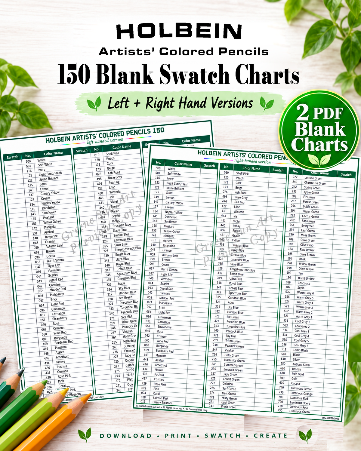 Holbein Artists' Colored Pencils 150 Swatch Charts (Full Color + Left/Right Hand) (Digital Download)