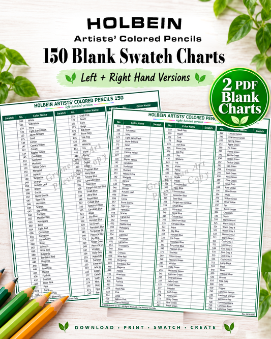 Holbein Artists' Colored Pencils 150 blank swatch charts printable PDF cover featuring left- and right-handed color chart layouts by Greene Sun Art.