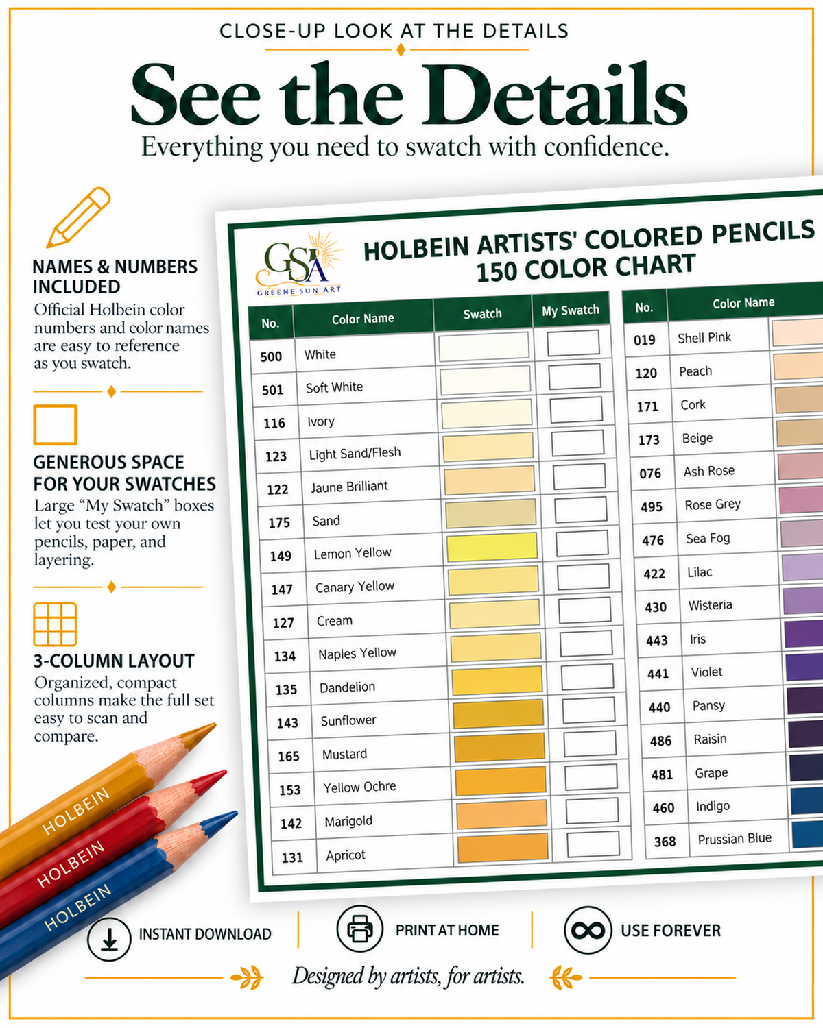 Holbein Colored Pencil Chart | 150 Color Reference | Printable PDF