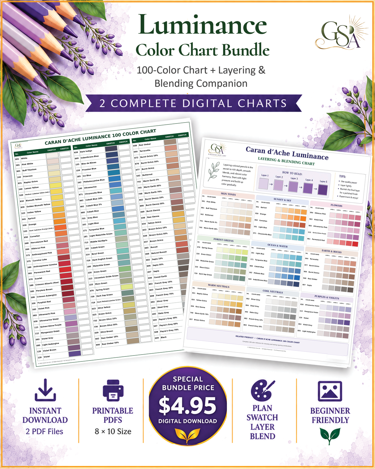 Caran d'Ache Luminance 100 Color Chart + Layering & Blending Chart Set
