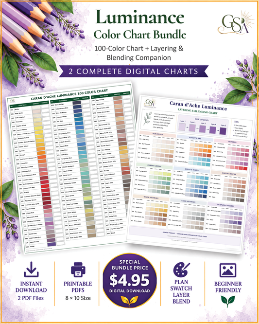 Caran d'Ache Luminance 100 color chart and layering and blending chart bundle cover showing two printable colored pencil reference charts.