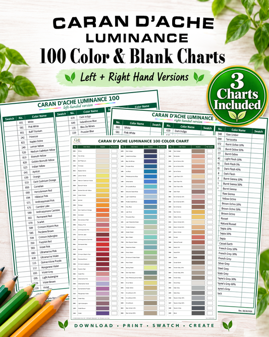 Caran d'Ache Luminance 100 color chart bundle cover showing the completed reference chart and left- and right-handed blank color charts.