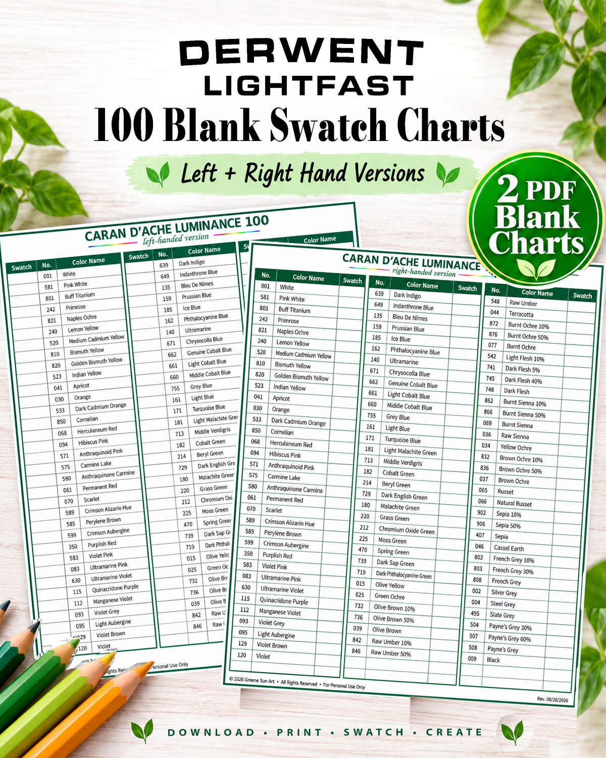 Luminance 100 Color & Left and Right Handed Blank Swatch Charts (Digital Download)