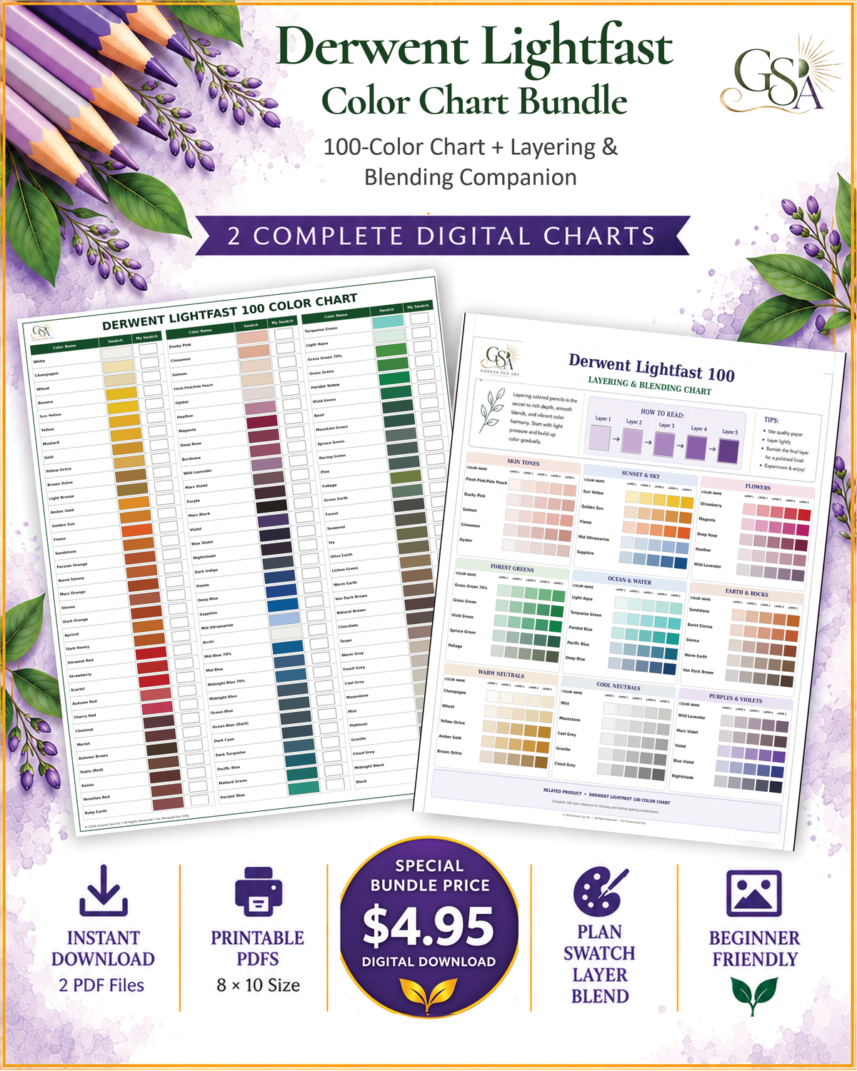 Derwent Lightfast 100 Color Chart + Layering & Blending Chart Set