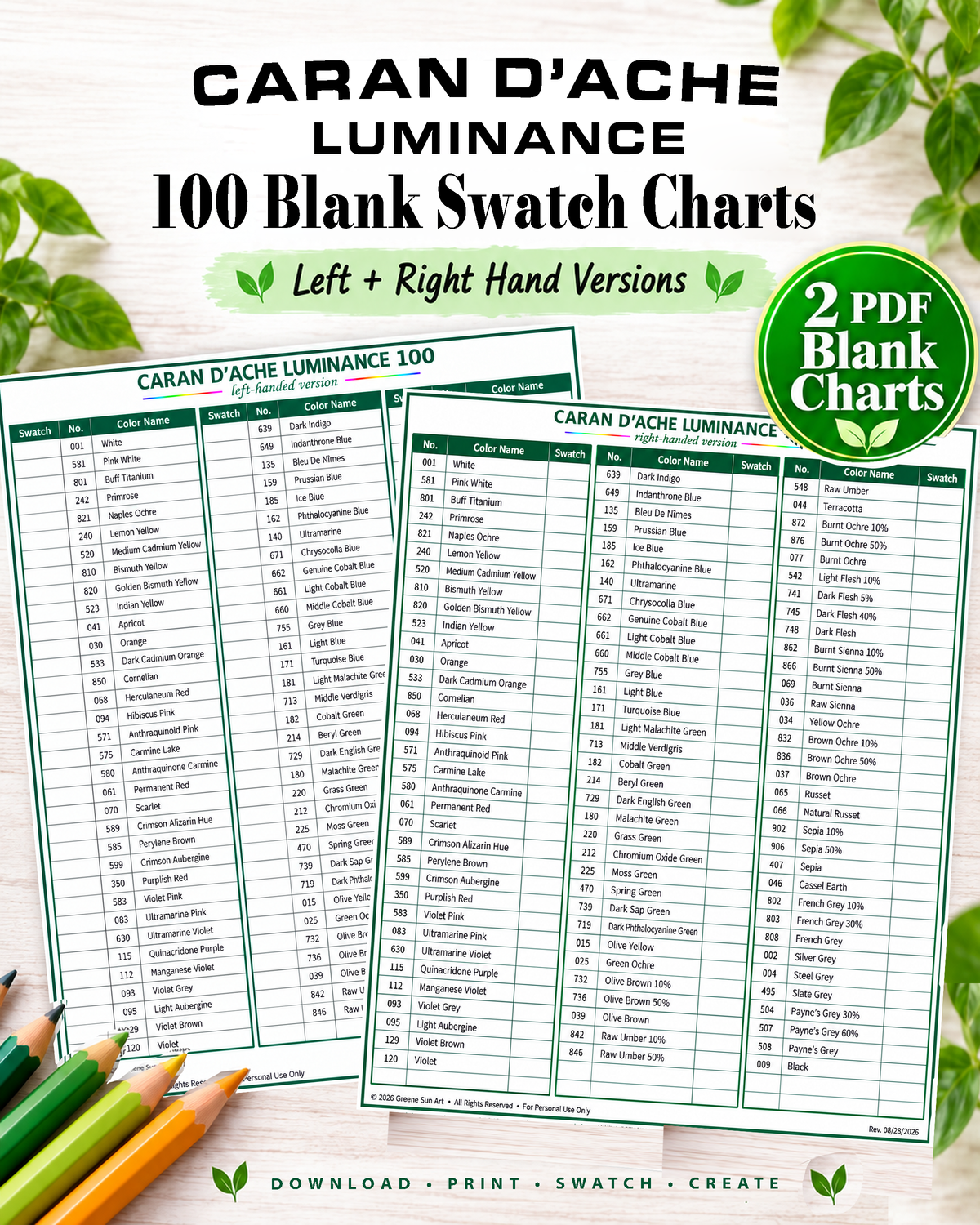 Luminance 100 colored pencil blank swatch charts printable PDF cover featuring left- and right-handed layouts by Greene Sun Art.