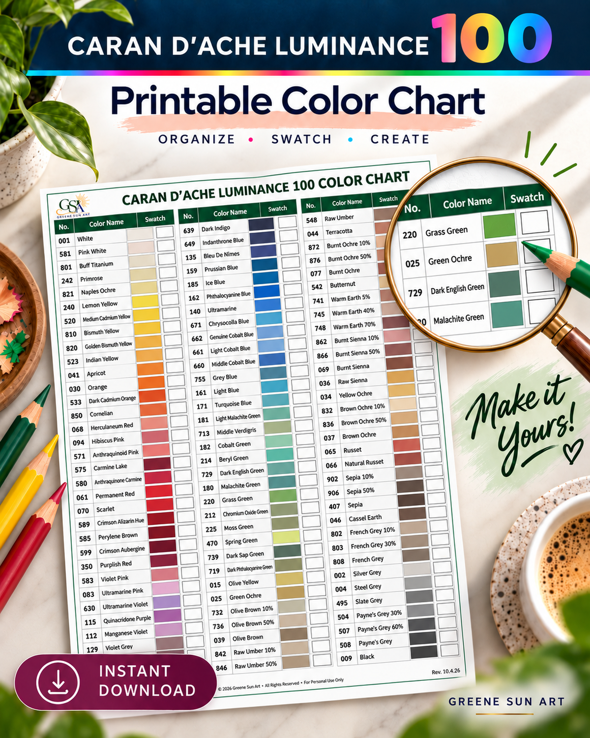 Luminance Color Chart | 100 Color Reference | Caran d'Ache Printable PDF