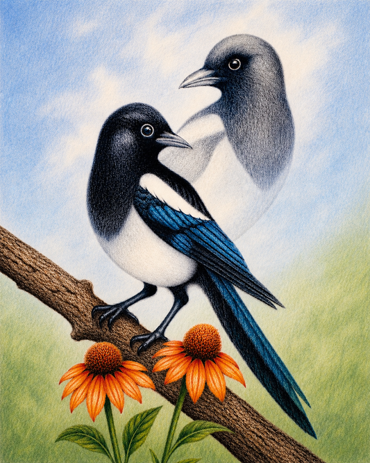 Magpie Spirit Birds - Colored Pencil Fine Art Print