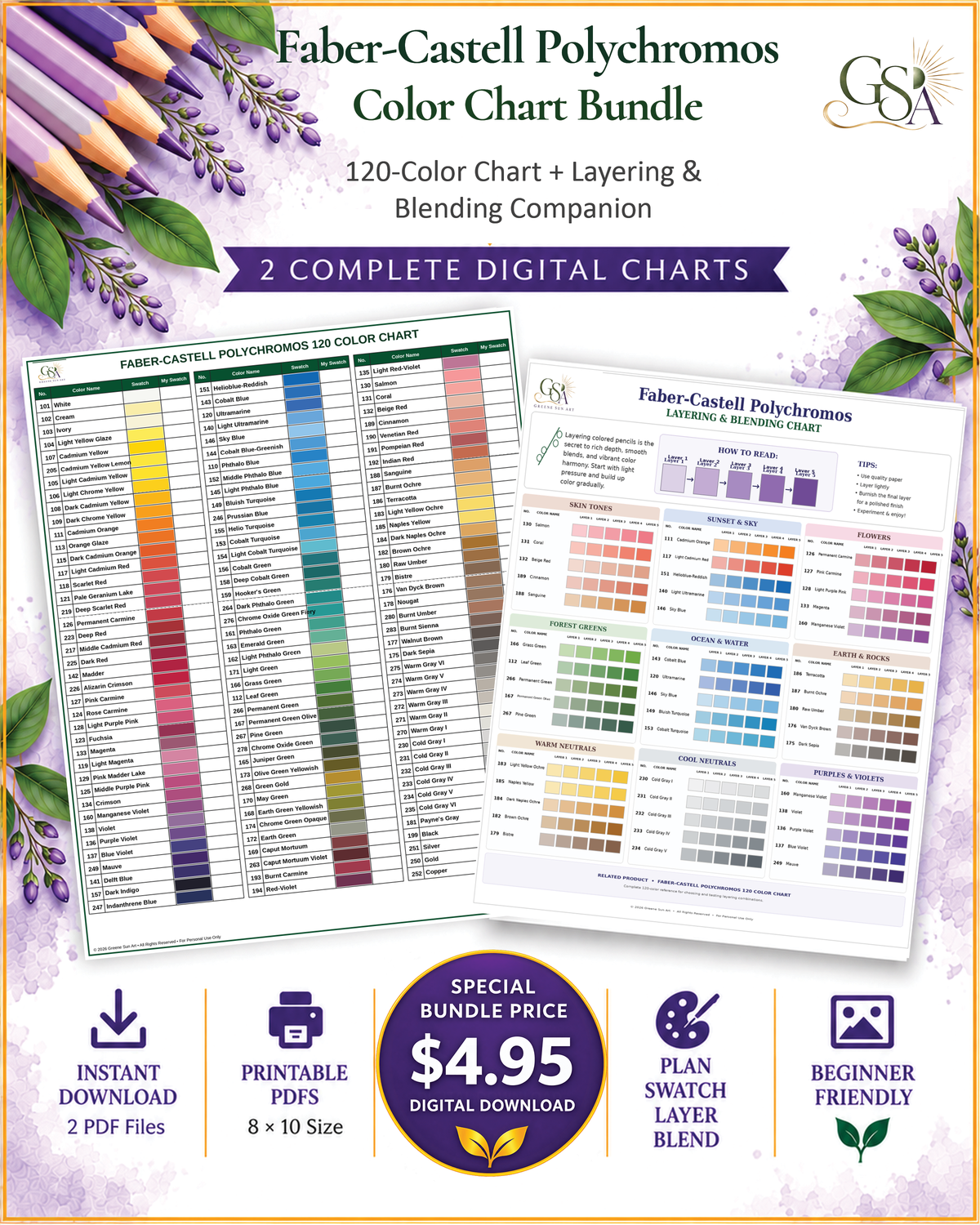 Faber-Castell Polychromos 120 Color Chart + Layering & Blending Chart Set