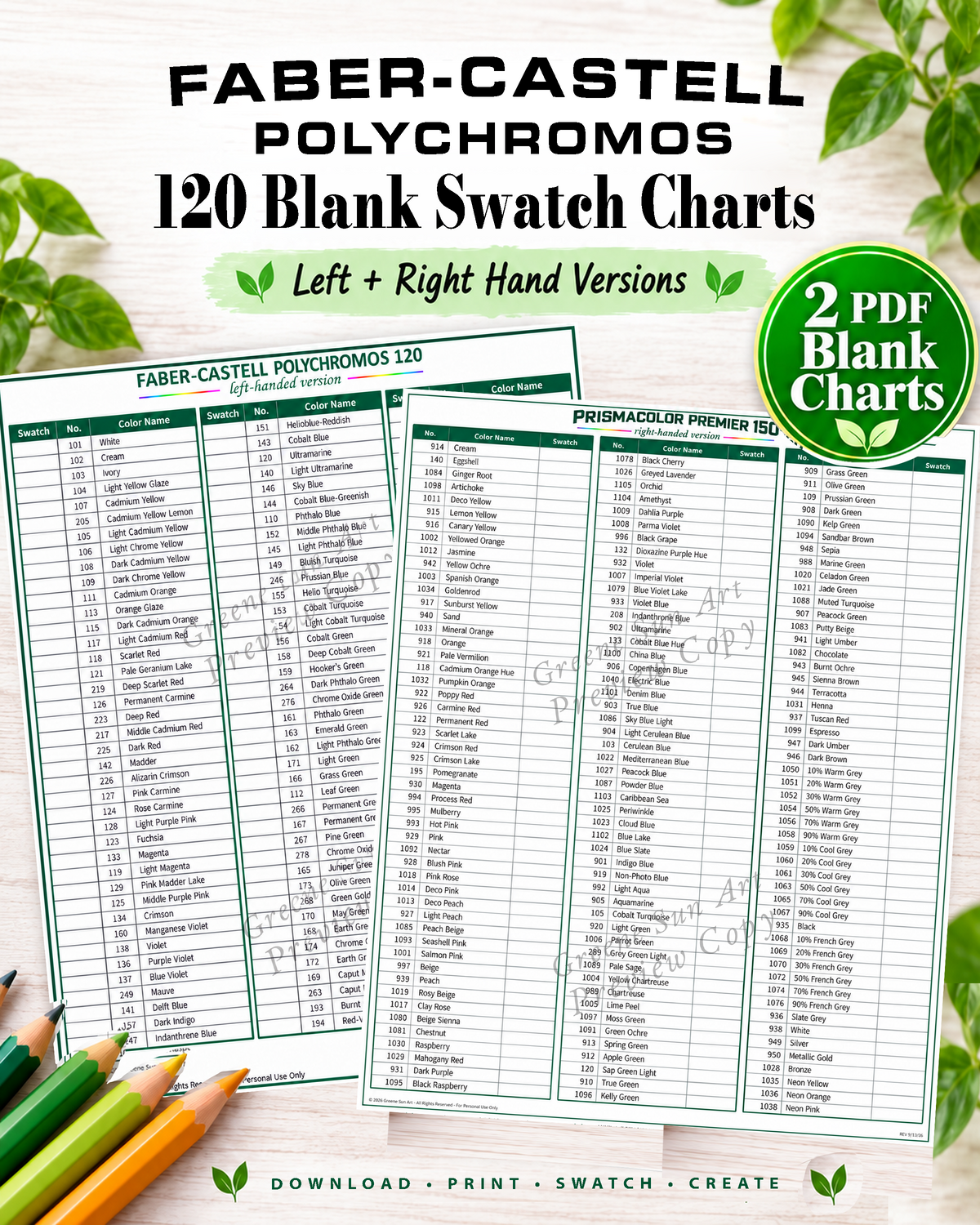 Polychromos 120 colored pencil blank swatch charts printable PDF cover featuring left- and right-handed layouts by Greene Sun Art.
