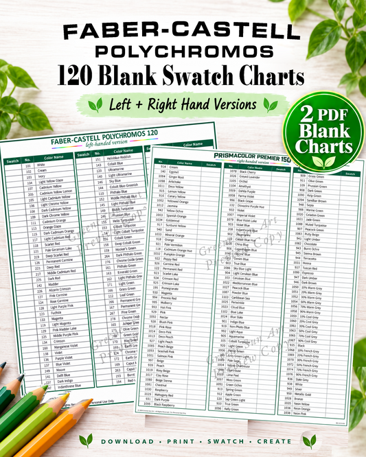 Polychromos 120 colored pencil blank swatch charts printable PDF cover featuring left- and right-handed layouts by Greene Sun Art.