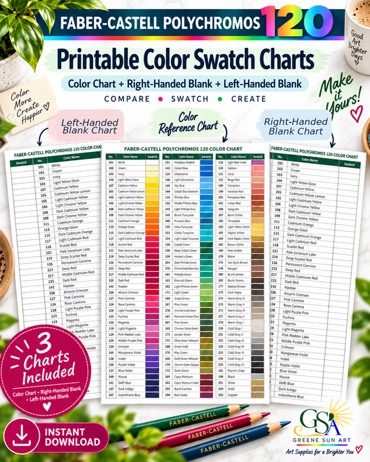 Faber-Castell Polychromos 120 Color Chart + Left & Right-Handed Blank Swatch Charts