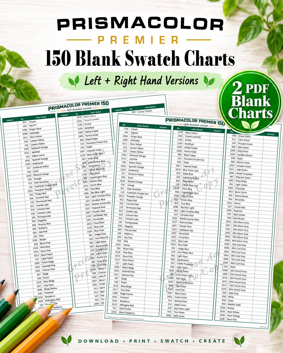 Prismacolor Swatch Charts | 150-Color Reference + Left + Right Handed Blanks | 3 Printable PDFs