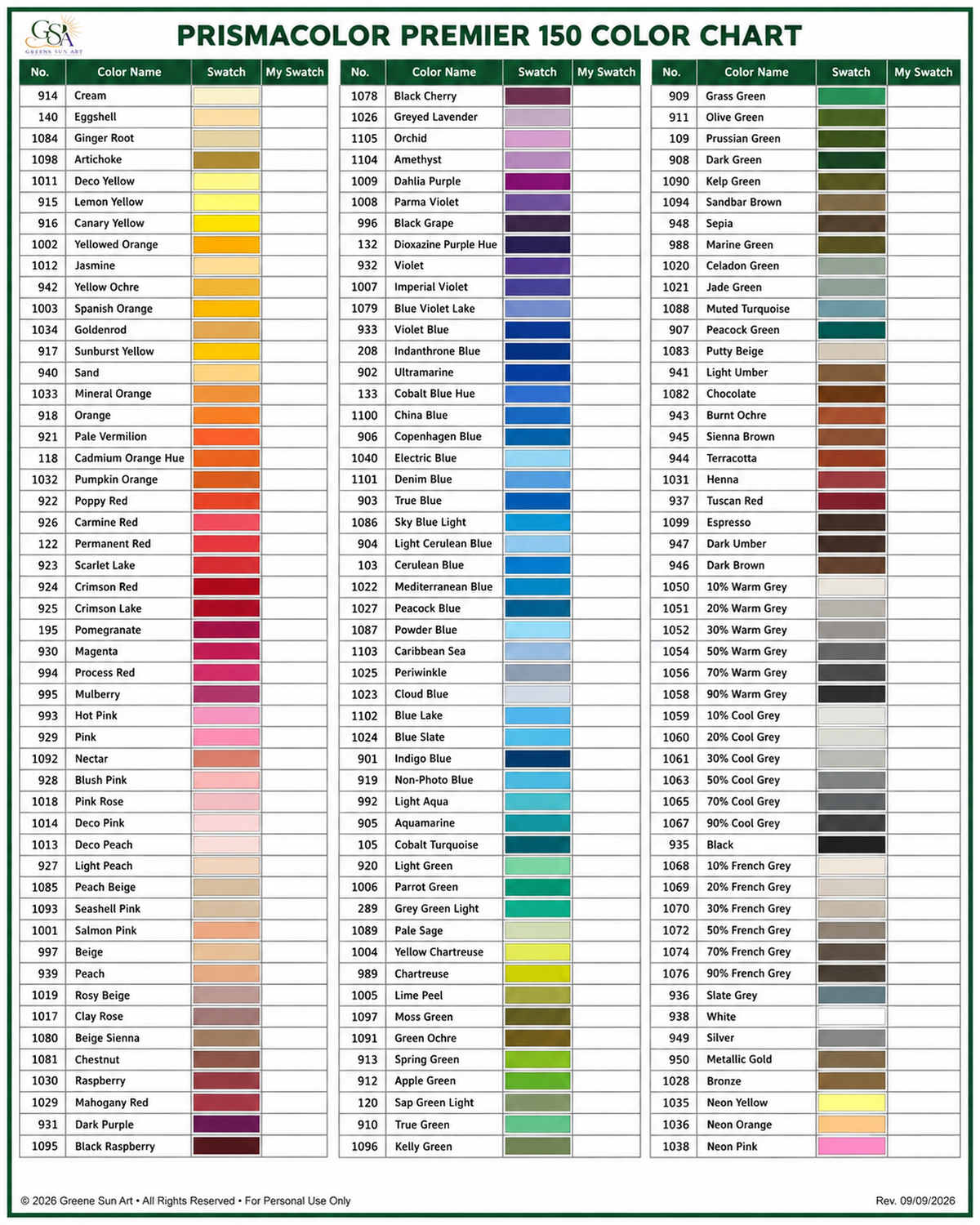 Prismacolor Color Swatch Chart | Printable Colored Pencil Reference Chart