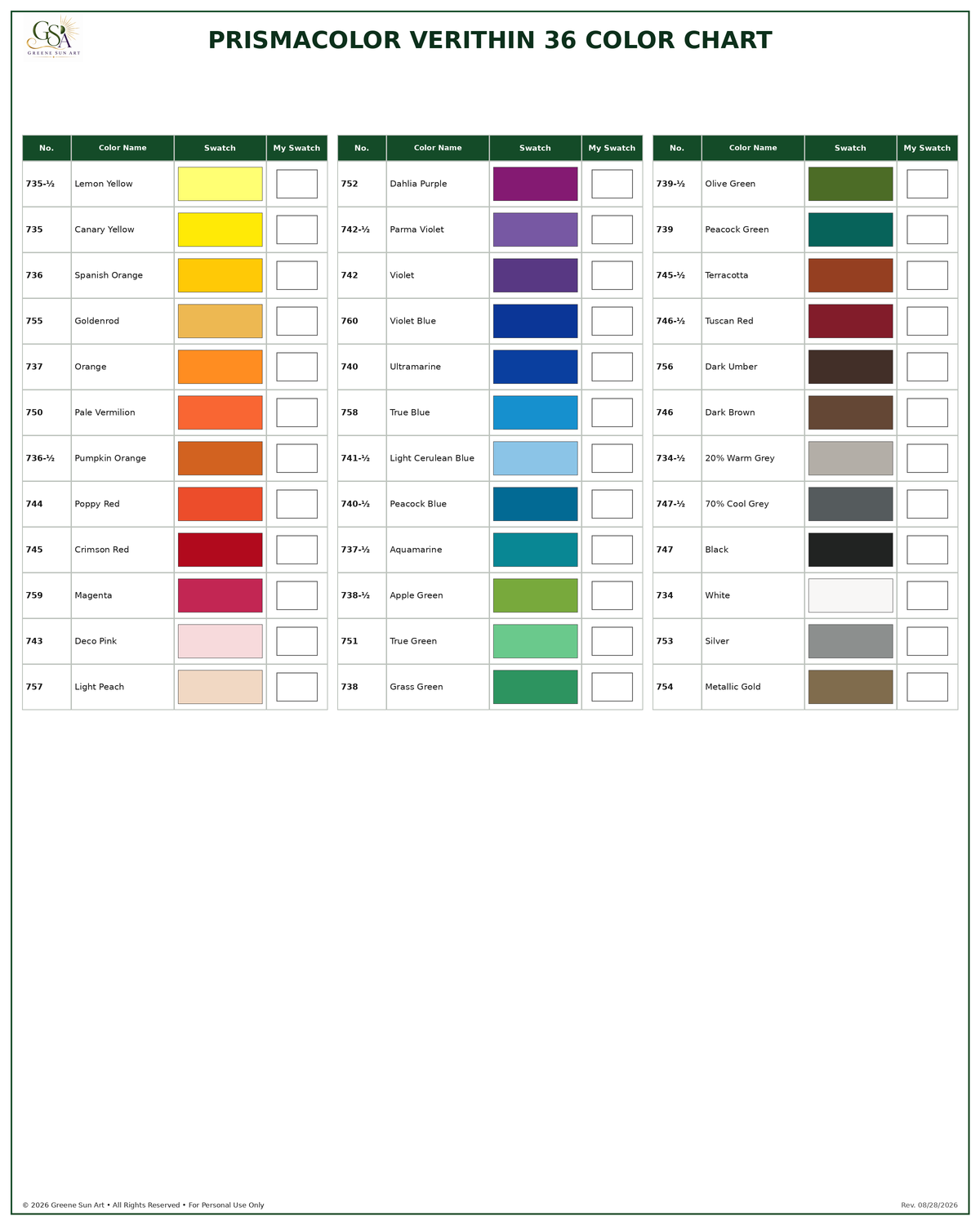 Prismacolor Verithin 36 Color Chart + Layering & Blending Chart Set
