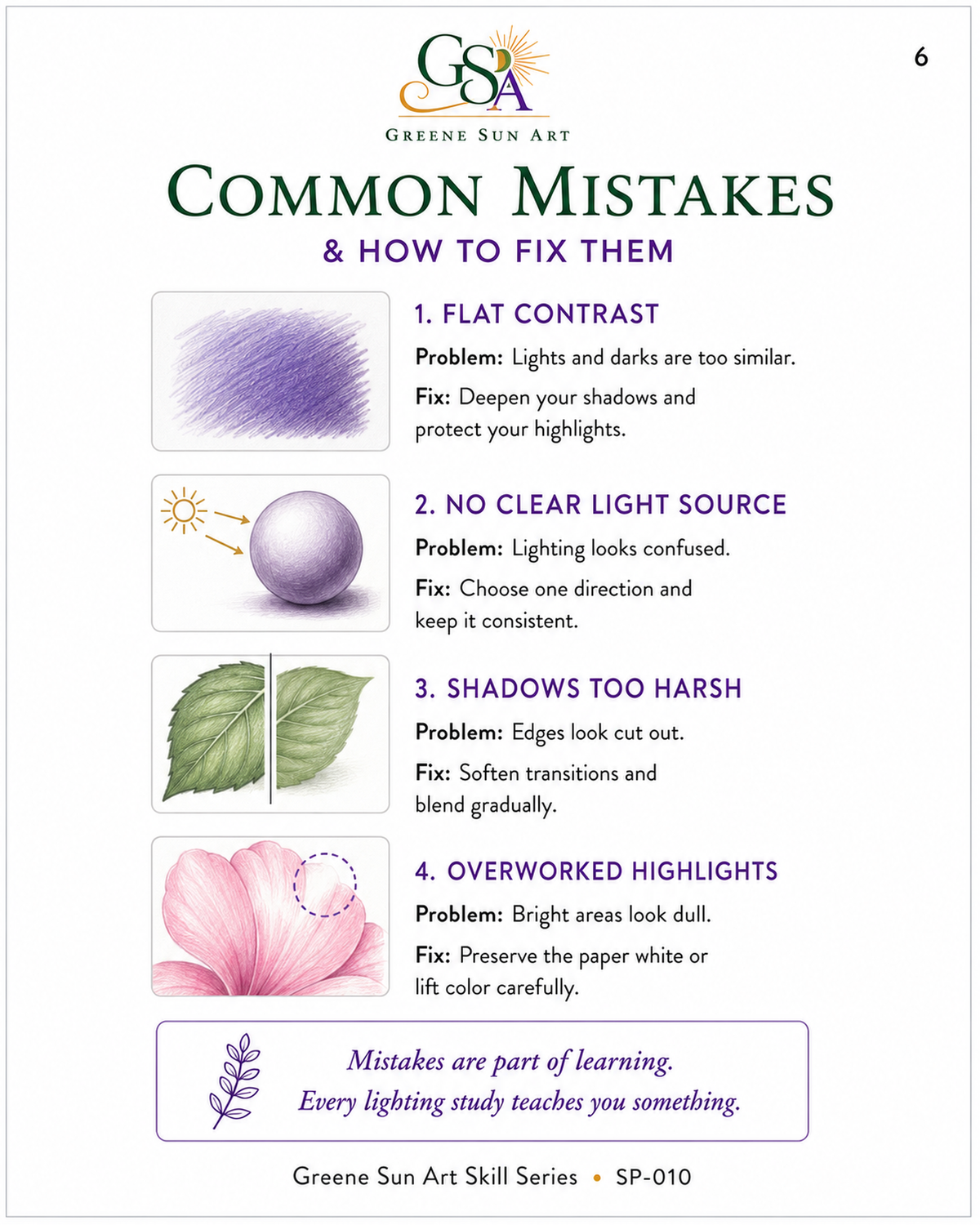 Colored pencil lighting guide page illustrating common shading and lighting mistakes with examples of flowers, leaves, and three-dimensional forms.