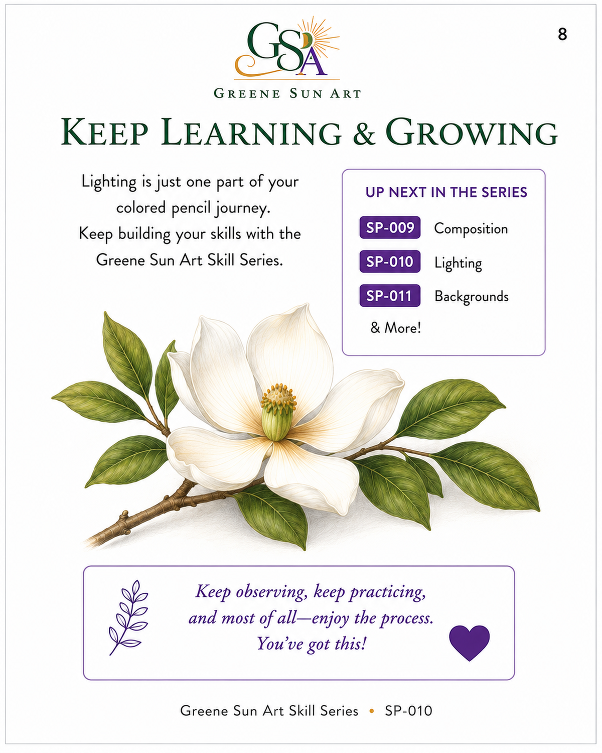 Interior page from colored pencil lighting guide featuring a white flower illustration and encouragement to continue practicing realistic lighting techniques.