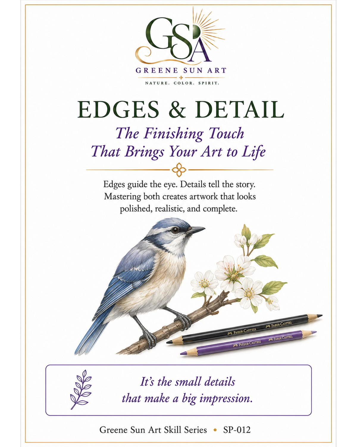 Edges and Detail colored pencil guide demonstrating hard and soft edges, realistic flower petals, bird feathers, bark textures, and fine details.