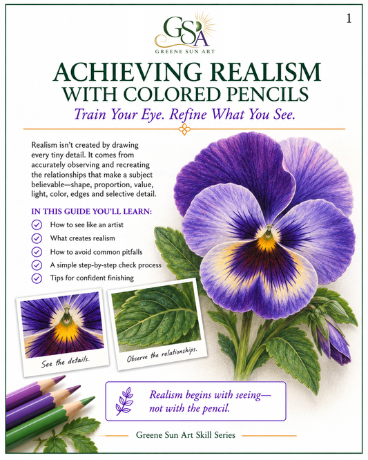 Achieving Realism with Colored Pencils printable PDF guide by Greene Sun Art, featuring a detailed purple and yellow pansy with illustrated examples of realistic botanical drawing.