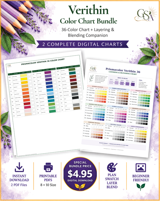 Prismacolor Verithin 36 color chart and layering and blending chart bundle showing two printable colored pencil reference charts by Greene Sun Art.