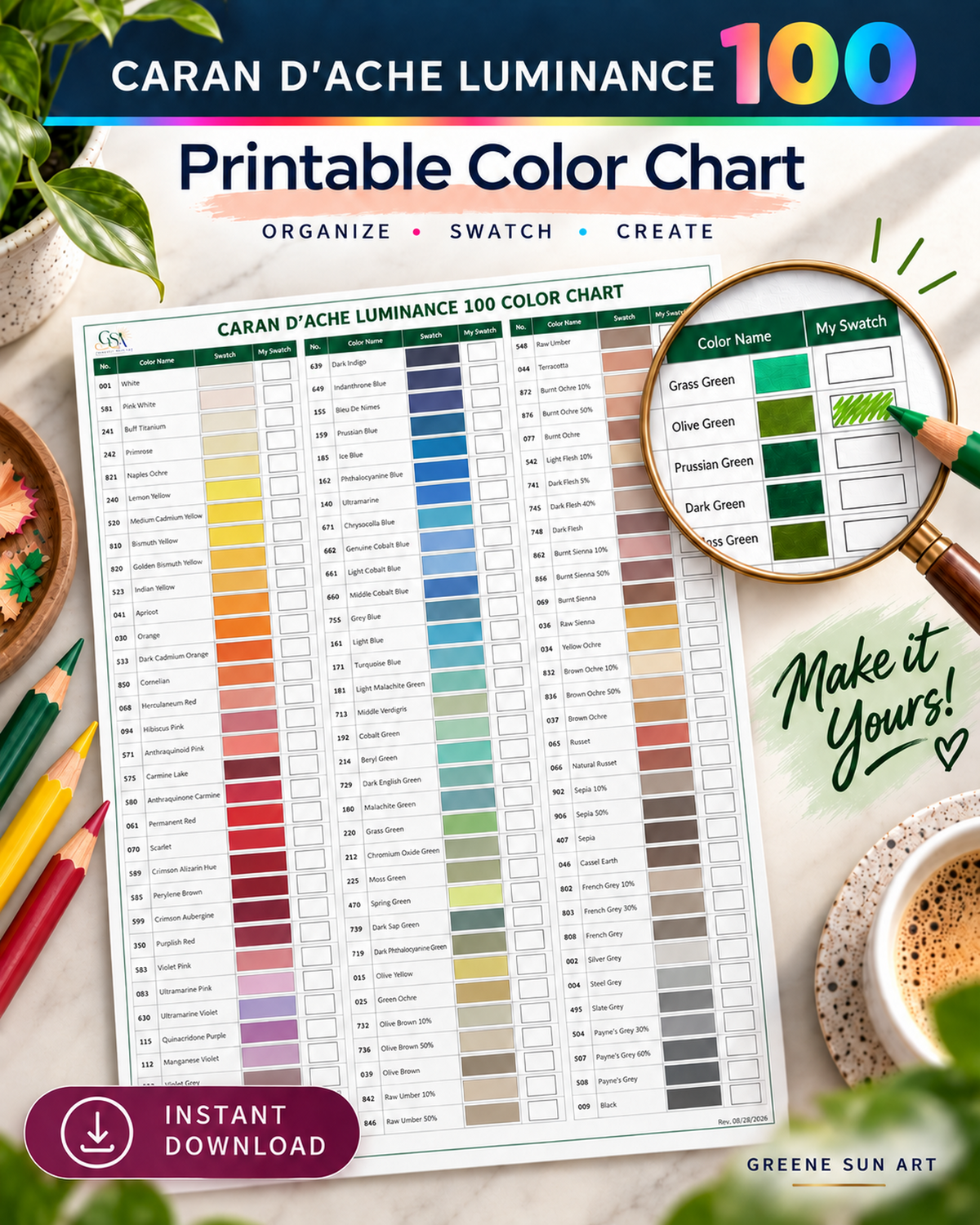 Luminance 100 Color & Left and Right Handed Blank Swatch Charts (Digital Download)